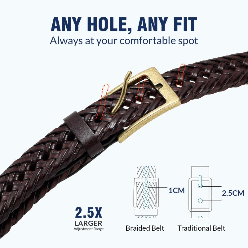 JASGOOD Men's Braided Leather Belt, Braided Woven Belt for Men Casual Jeans with Solid Strap Single Prong Buckle (B-Brown,Suit for Pant Size 32-37 inch) - Image 3